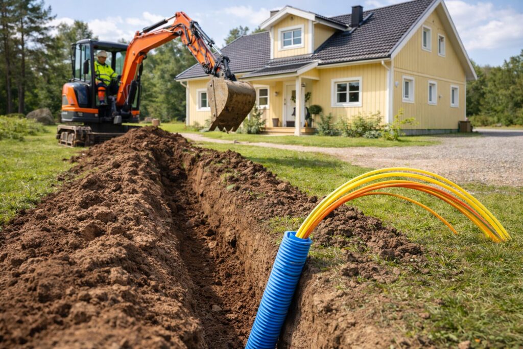 Kuitukaapelin asennus pihalla